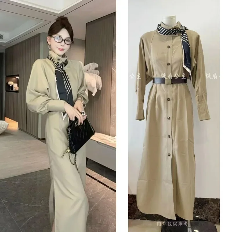 MiiiiX Office Lady Windbreaker Shirt Dress Women's Trench 2024 New Autumn Loose Stand Collar Long Dress with Belt Female Clothes