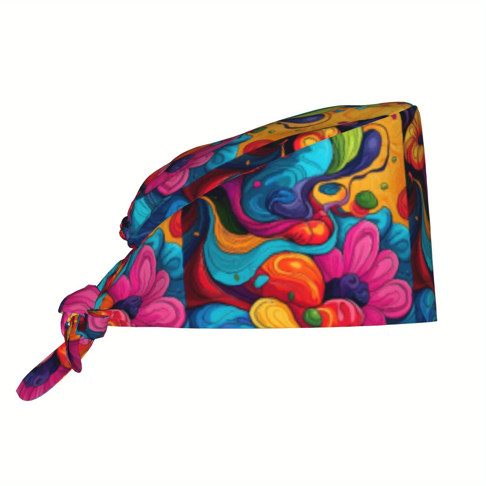 Vibrant Psychedelic Floral Swirl Print Scrub Cap Colorful Abstract Art Pattern Hat Adjustable Tie-back Medical Work Cap