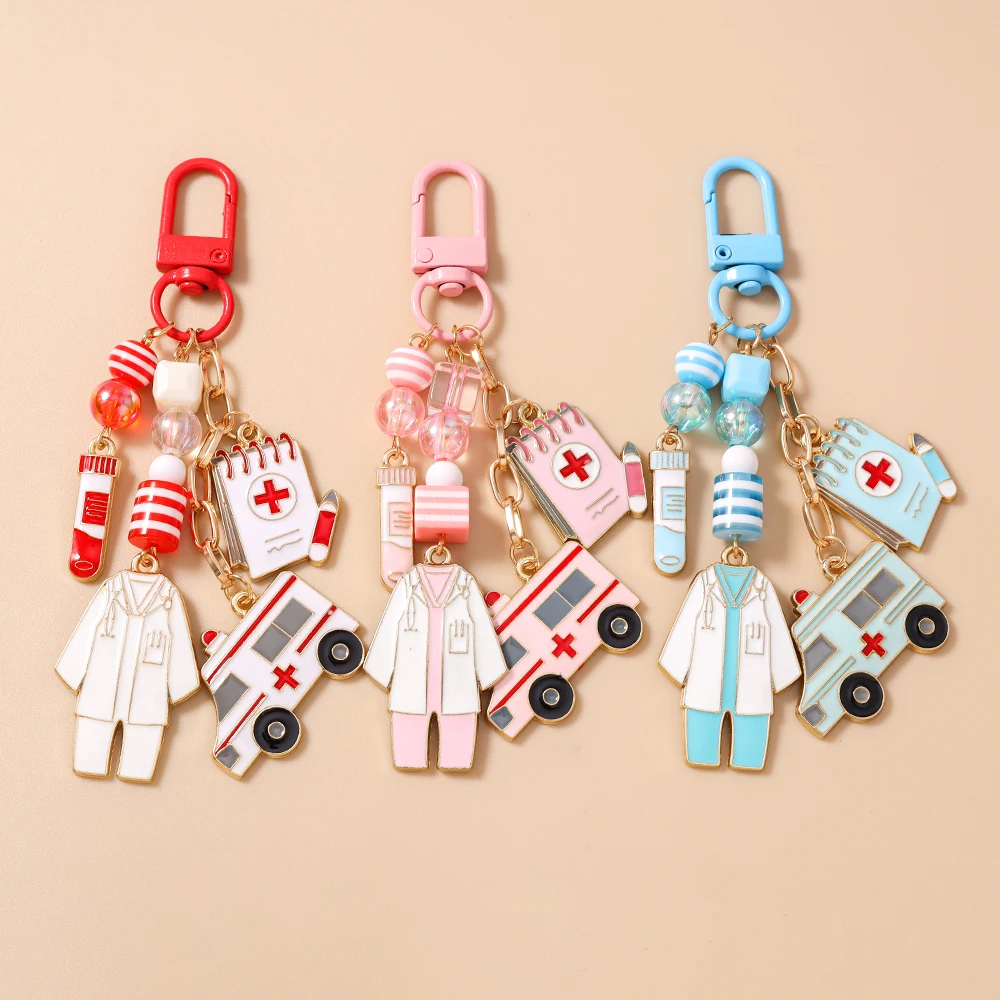 New Enamel Doctor's Gown keychain Ambulance Key Ring Pendants for Women Girls Handbag Decor DIY Key Chain Jewelry Gifts