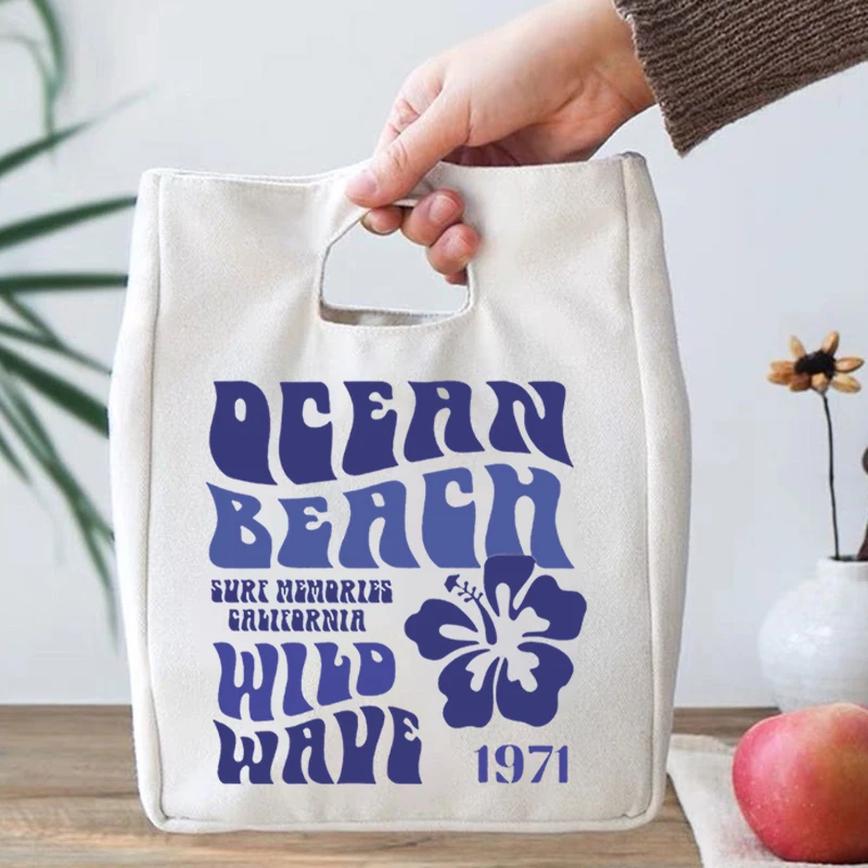 Ocean Beach Trip Souvenirs Canvas Insulated Lunch Bag Beach Floral Letter Print Girls Lunch Bag Hibiscus Flower Lover Bento Bags