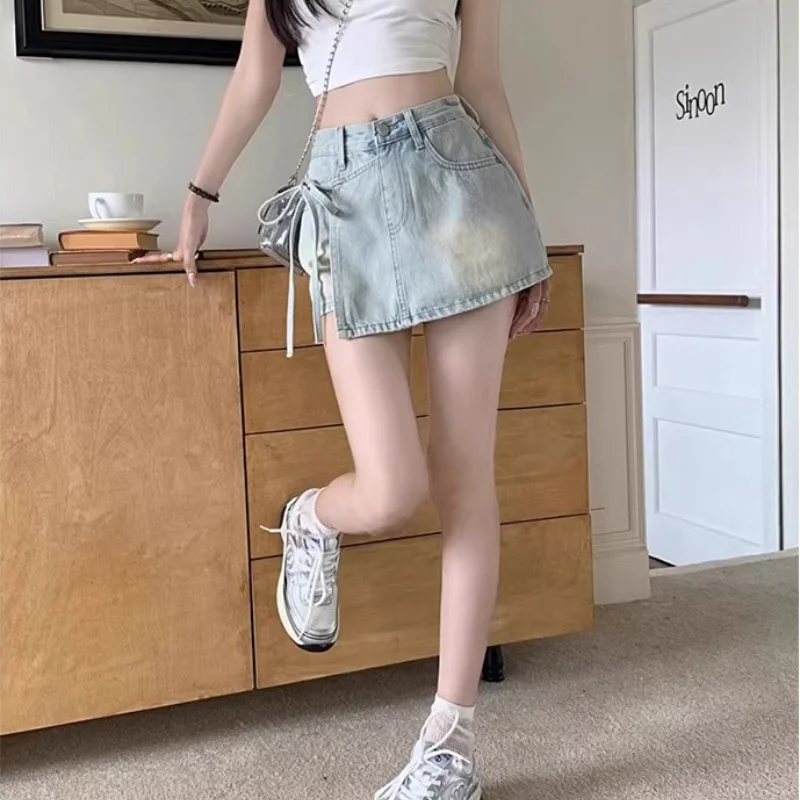 

Denim Skirts Women Fake 2pcs A-line Bandage Irregular Design Sweet Spicy Girls Streetwear All-match Unique Trendy Summer Ulzzang