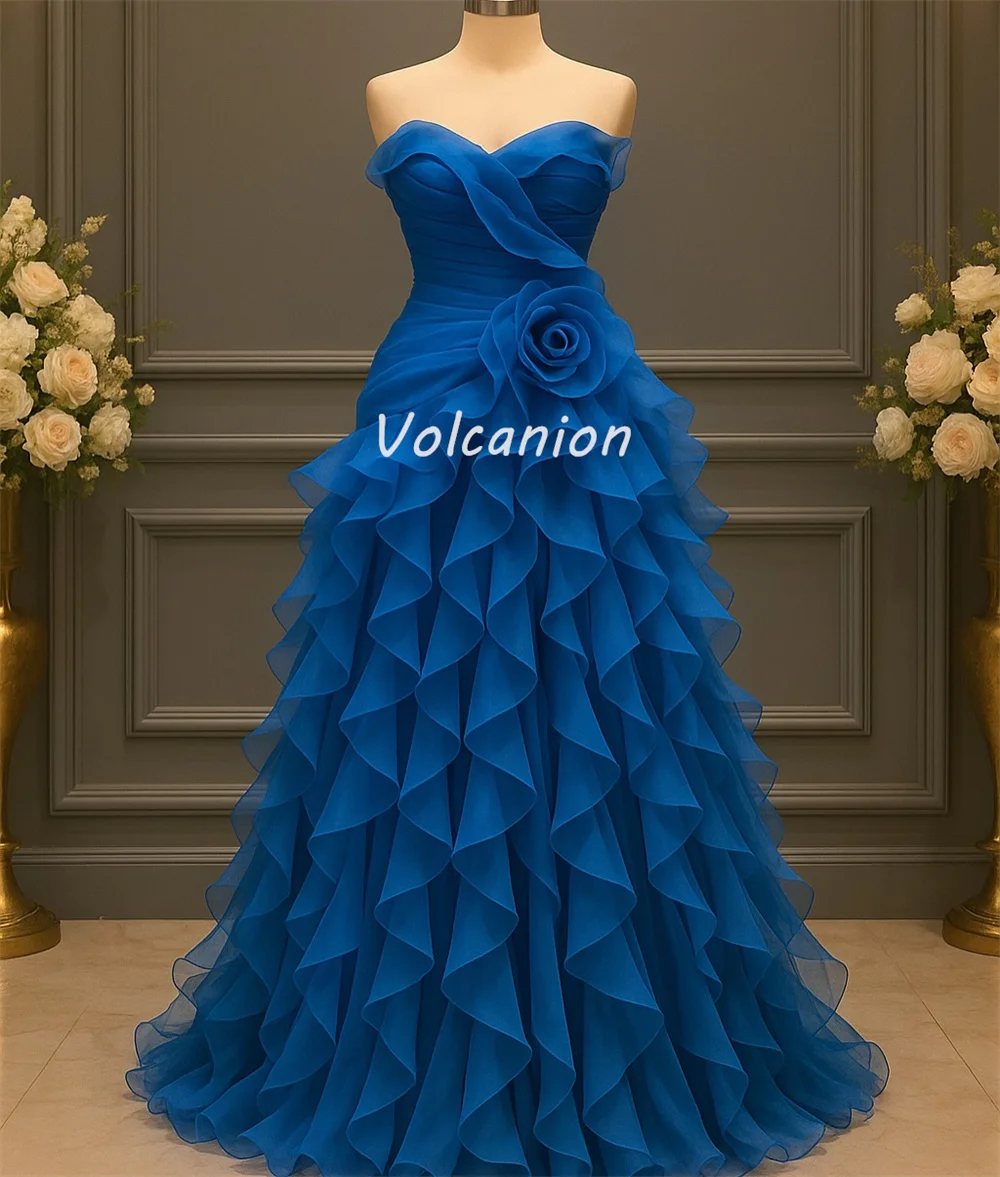 Customized Intricate Matching Organza Pleat Ruched A-line Strapless Handmade Flower Long Dresses Bespoke Occasion Dresses Retro