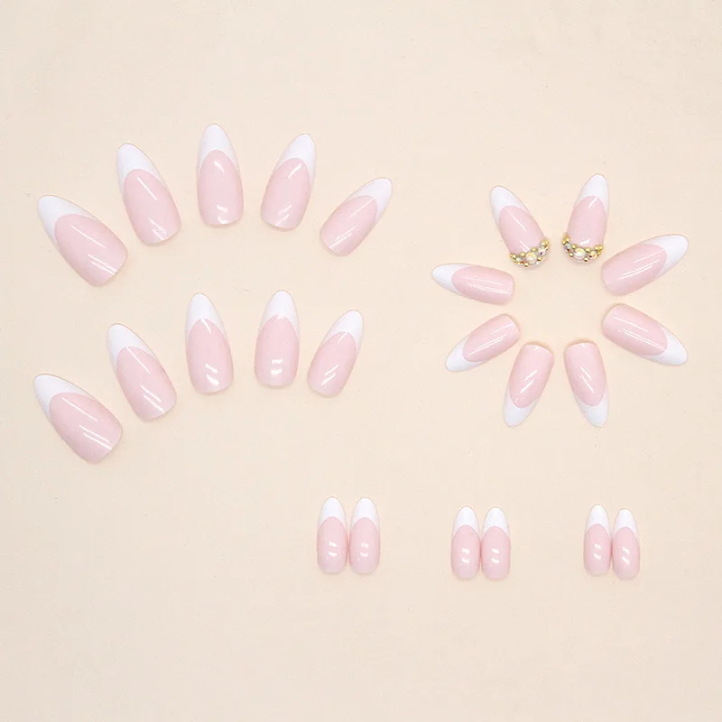 24 unids/set de uñas postizas de almendra con diamantes borde blanco ovalado brillante Artificial extraíble reutilizable medio largo prensa en uñas acrílicas