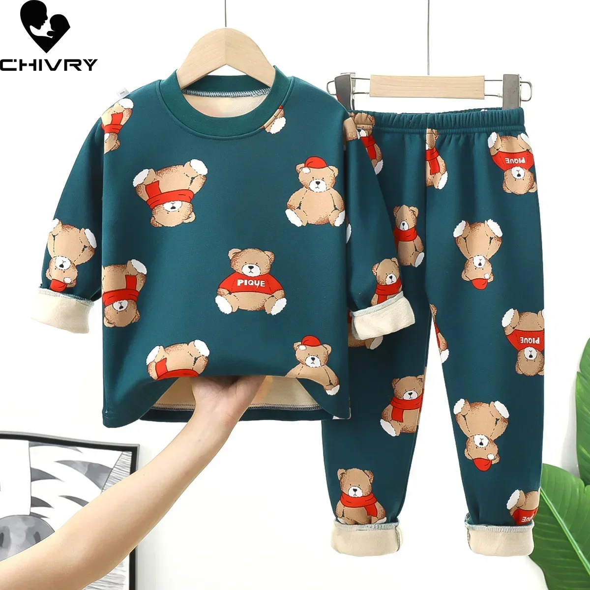 New Autumn Winter Kids Thick Warm Pajamas Baby Boys Girls Cartoon Long Sleeve Round Neck Pyjamas Toddler Sleepwear Clothing Sets