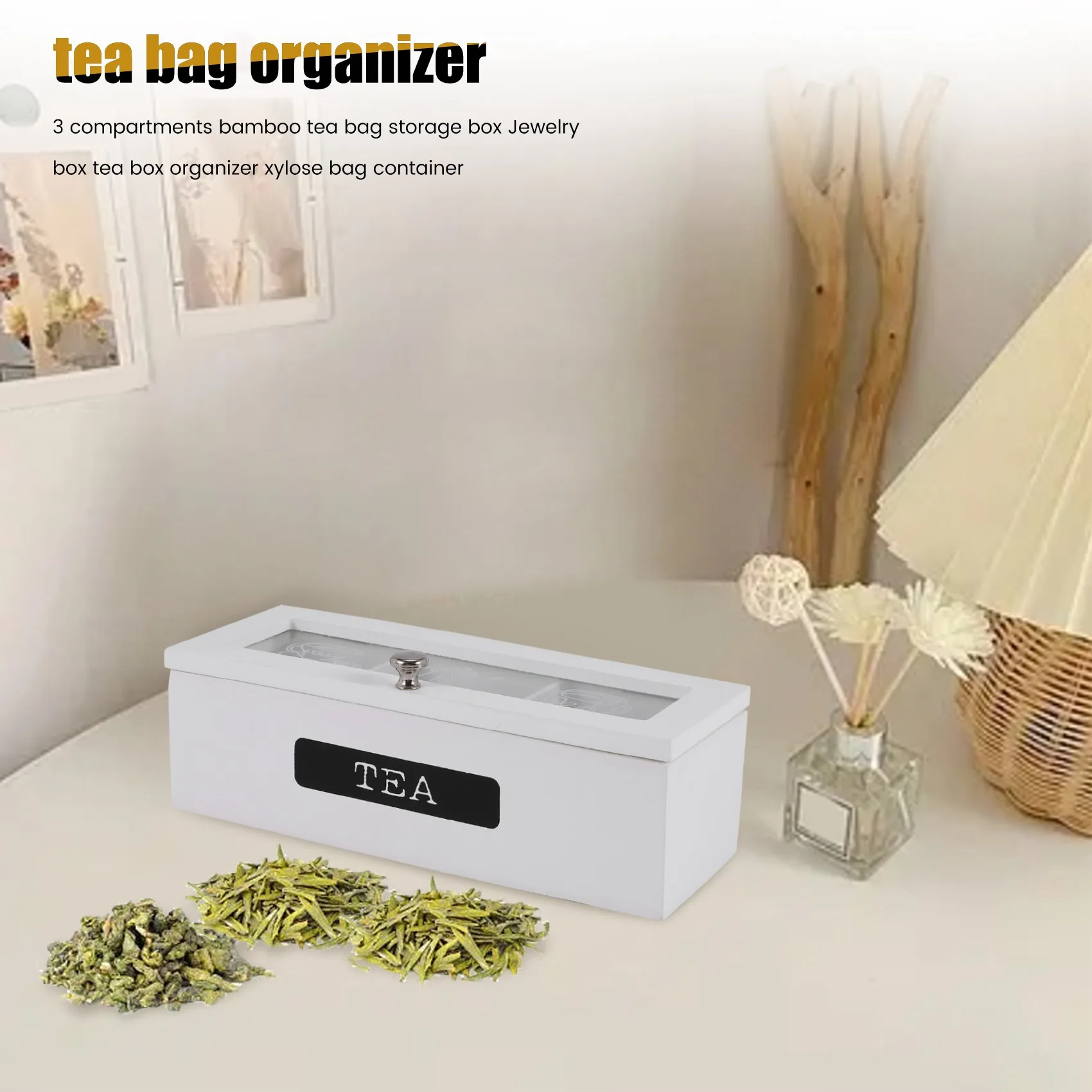 AT63-3 Compartments Bamboo System Tea Bag Storage Box Jewelry Organizer Tea Box Organizer Wood Sugar Packet Container
