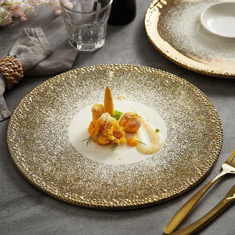 

Gold Border High End Dining Plates Creative Light Luxury Ceramic Plate Retro Restaurant Steak Flat Tray Household Tableware