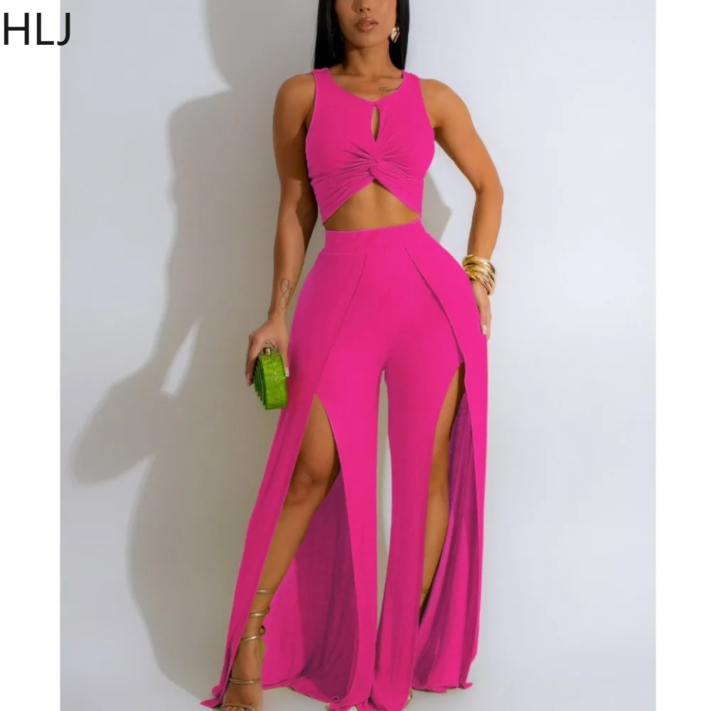 HLJ Fashion Solid Slit Wide Leg Pants Two Piece Sets Women Round Neck Sleeveless Crop Top + Pants Outfits Female 2pcs Streetwear