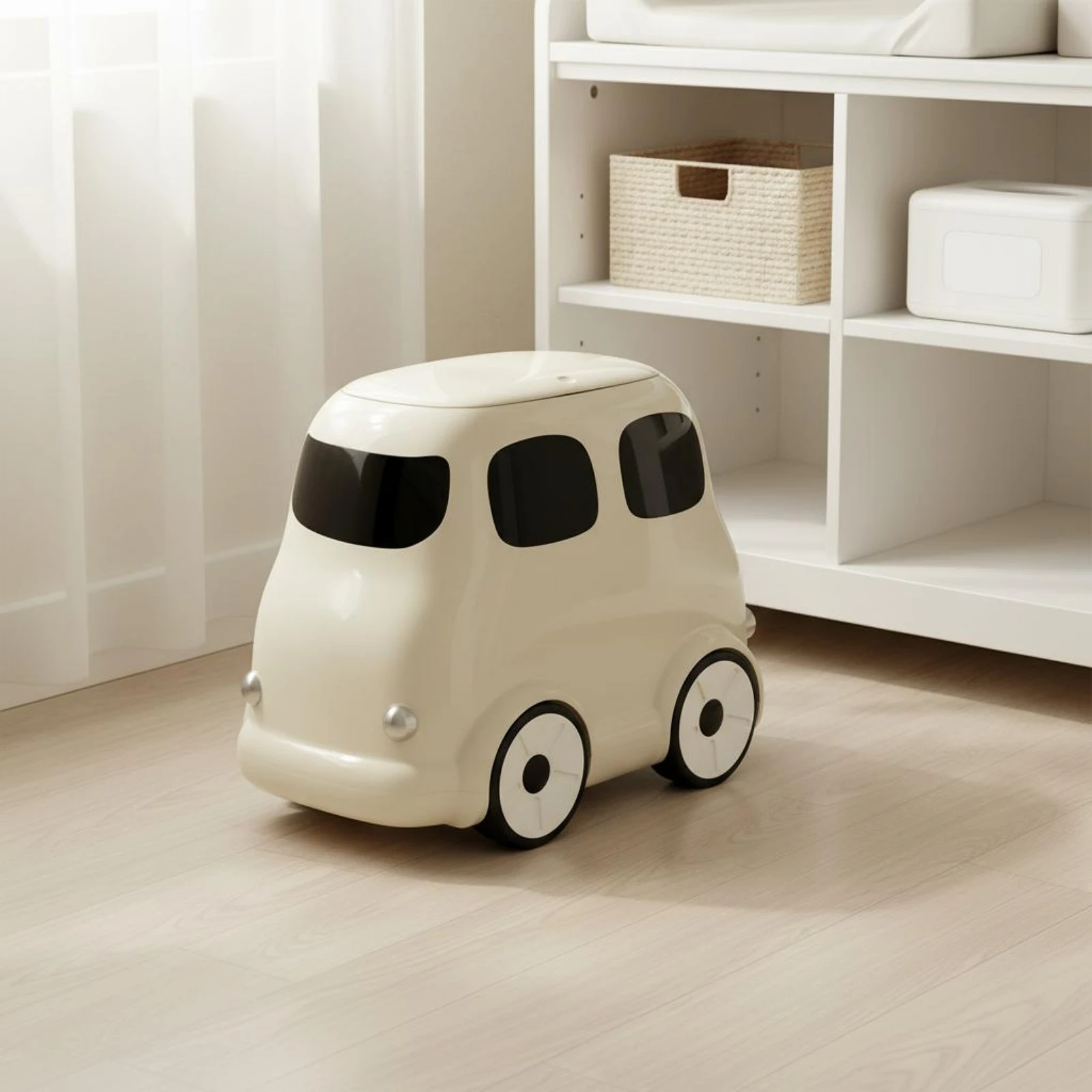 Cartoon Bus Trash Can Glossy Bus-Shaped Bin Small Trash Can Wheel-Design Details Wastebasket Easy to Clean