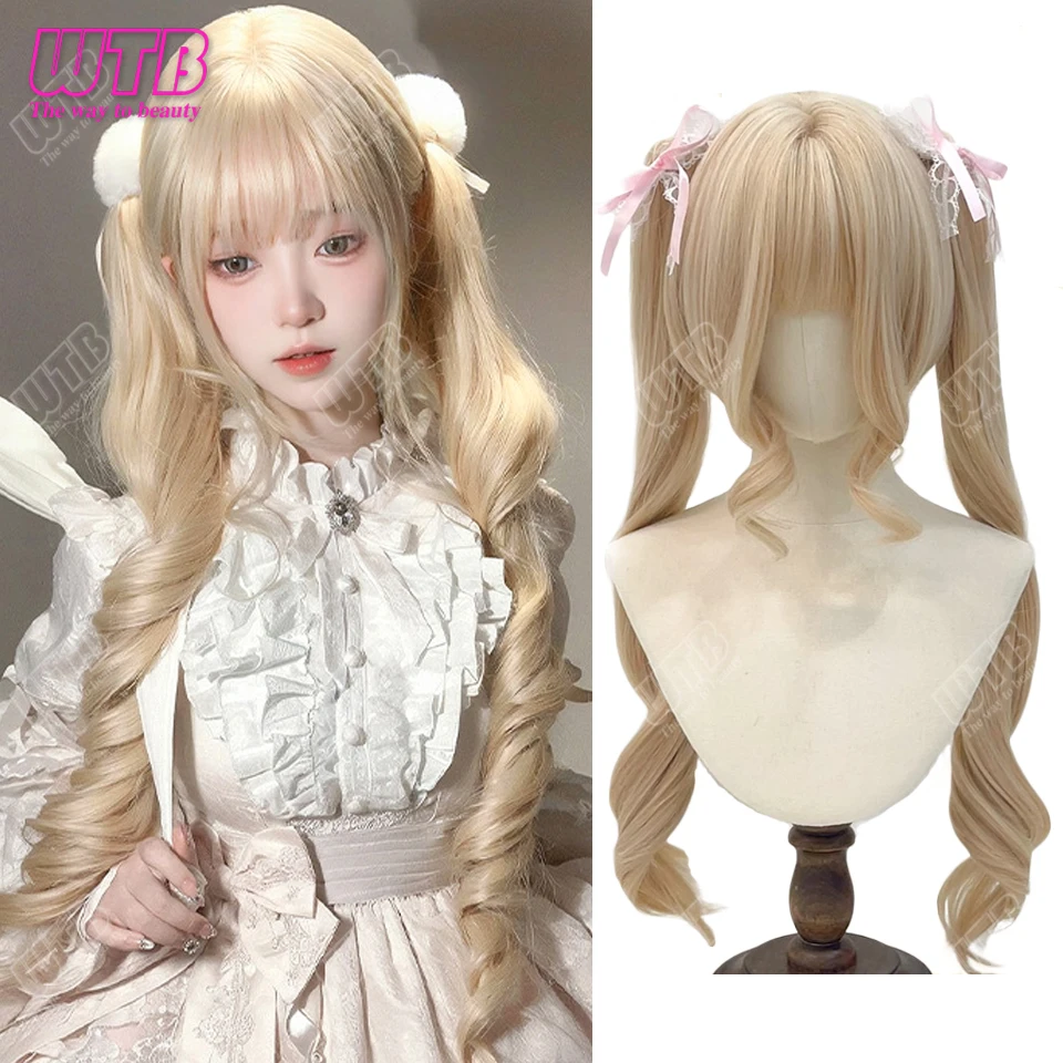 

Синтетический парик Лолиты для косплея Харадзюку с челкой, натуральные волнистые парики, золотые парики для Хэллоуина