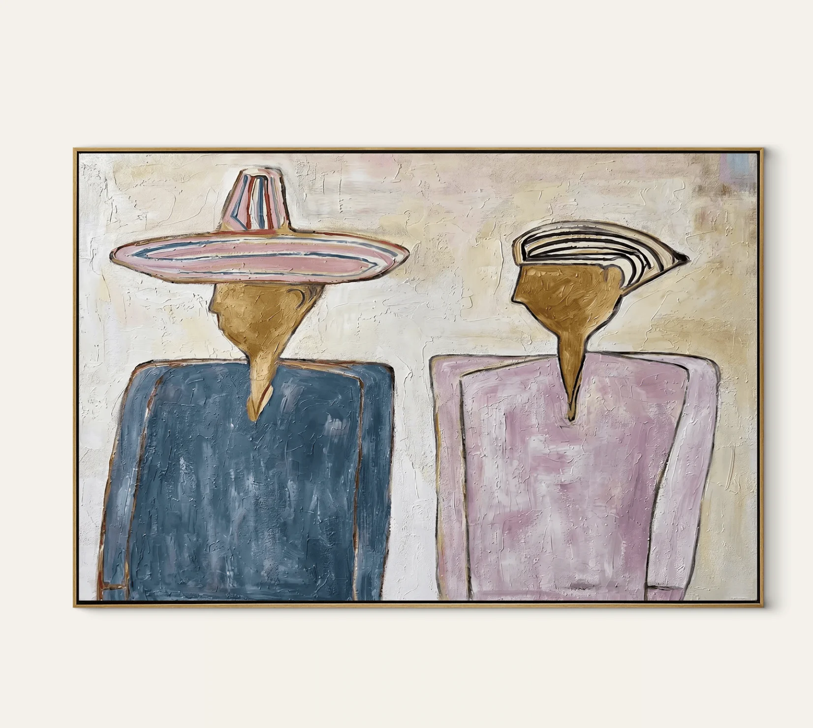 Two Silhouettes Hold Space – Blue Pink Figures Painting Modern Figurative Horizontal Wall Art Canvas Prints Posters Home Decor