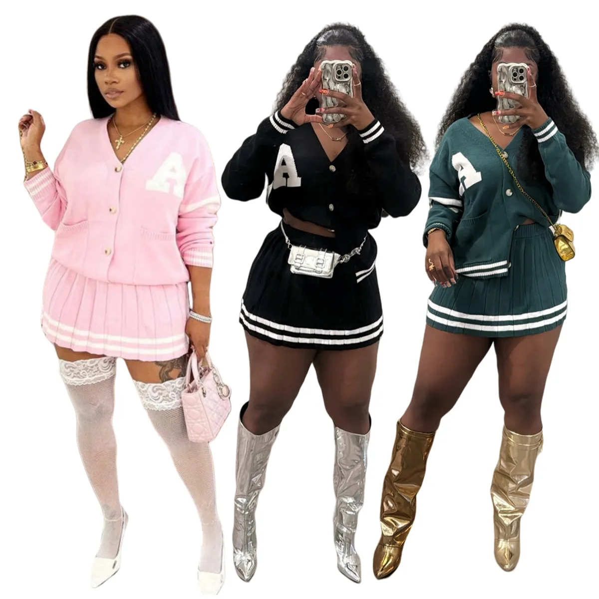 

Sweater Skirt 2 Piece Set Women Cardigan Ensemble Letter Print Pockets Single Breasted Skirts Outfits 2025 Spring Casual Suit