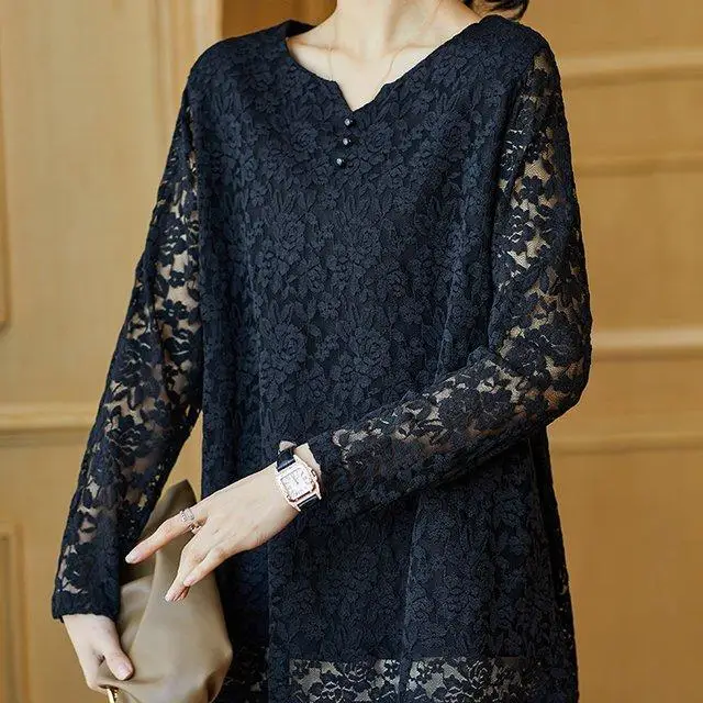 

Свободная кружевная блузка женская с длинным рукавом, миди, больших размеров, скрывающая живот, повседневная, из полиэстера, ткань жоржет