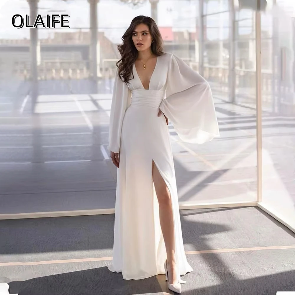 Olaife Sexy Deep V Neck Chiffon Wedding Dress Long Batwing Sleeve High Slit Cut Out Back Bridal Gown Robe De Mariee Vestidos De