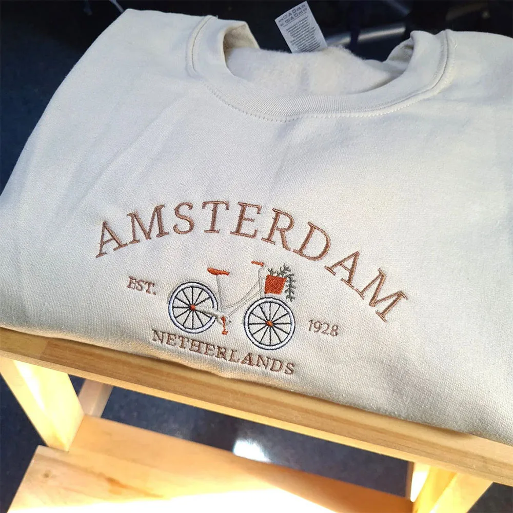 Vintage Amsterdam Bicycle Embroidered Sweatshirt Women Long Sleeve Autumn Casual Pullovers Crewneck Thick Netherlands Jumpers