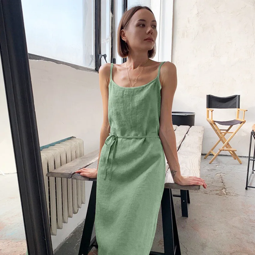 Green Cotton Night Dress Women Sexy Nightwear Spaghetti Strap Backless Lacing Mid-Calf Women\'s Nightgown 2023 Summer Dresses