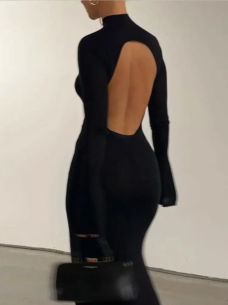 Elegant Black Back Hollow Out Maxi Dress Women Half High Collar Flare Long Sleeve Bodycon Dresses Lady Chic Banquet Evening Robe