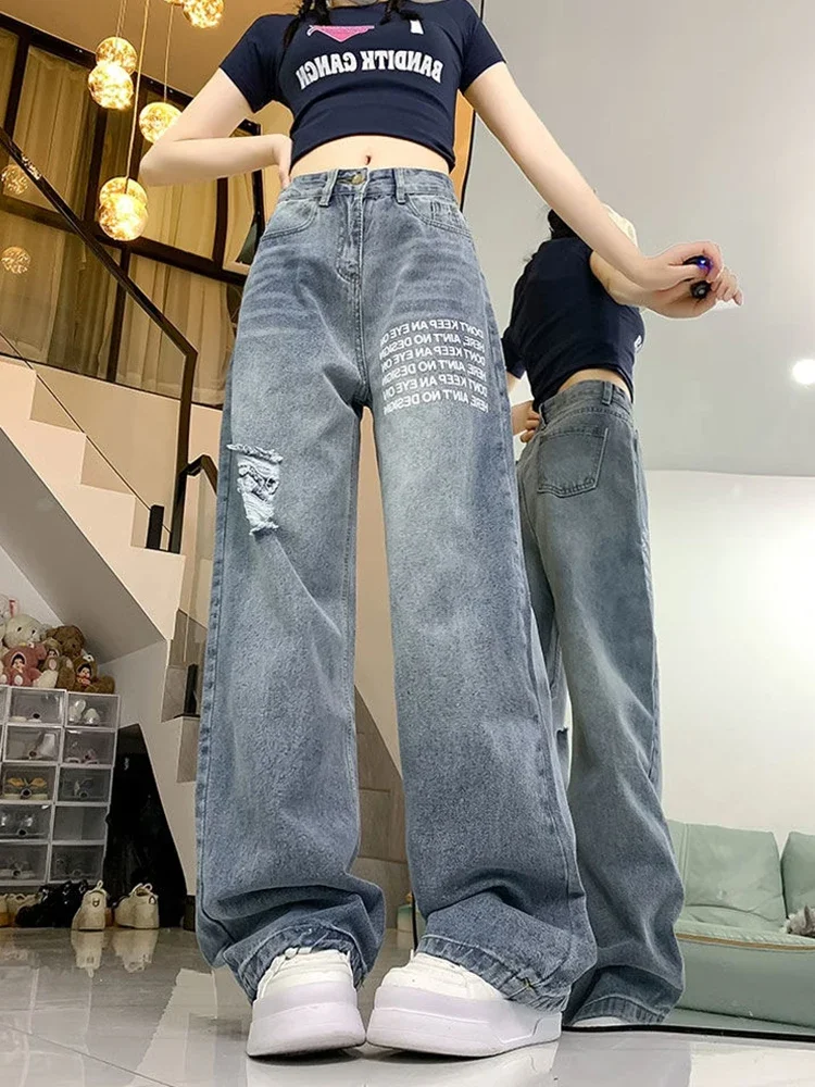 Women Streetwear Hole Jeans Vintage Letter Loose Casual Denim Pants American Retro Harajuku High Waist Bf Design Trousers