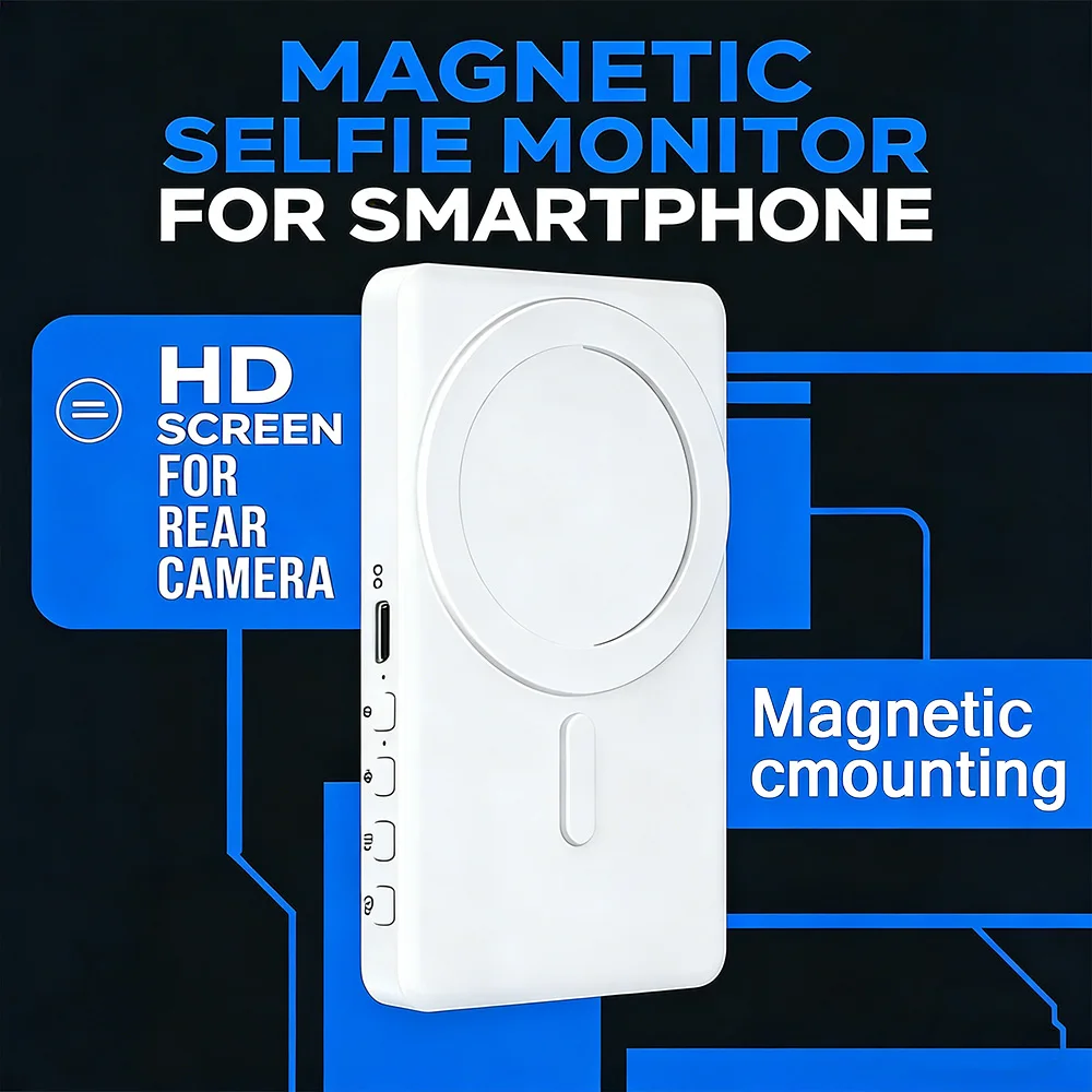 

Magnetic Phone Monitor - Real-Time Selfie/Rear Cam - 4K Streaming Assistant - Wide Angle - Fits Most Phones