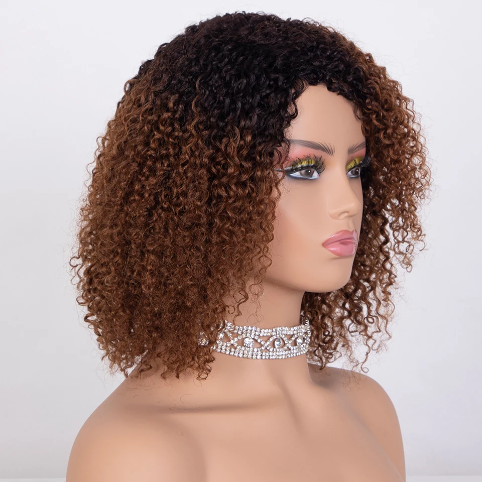 

Sleek Afro Kinky Curly Human Hair Wigs Human Hair Wig With Bangs Ombre Highlight Colored Brazilian 4a Curly Bob Wig For Women