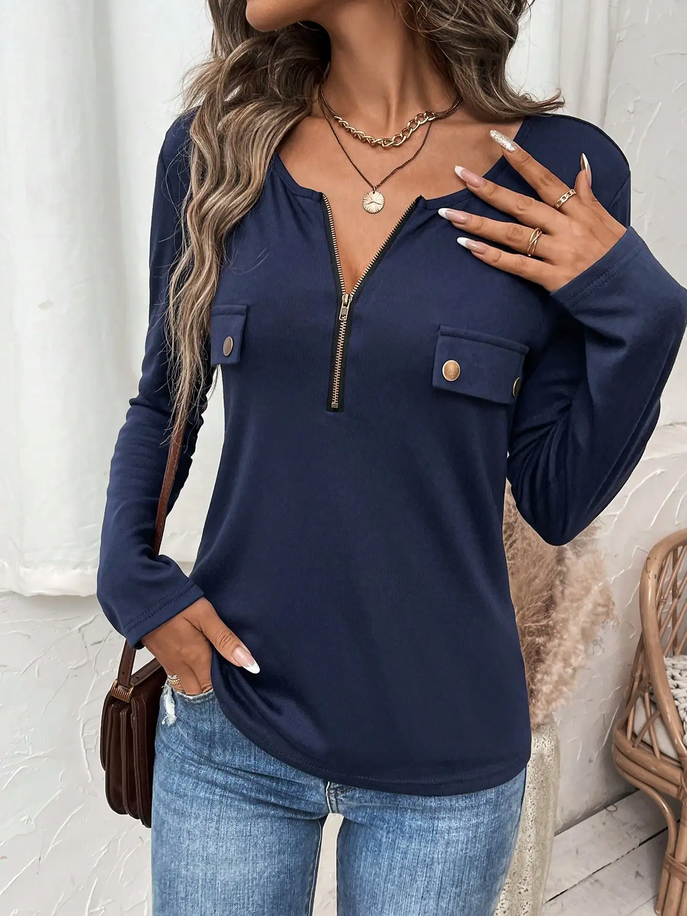 2024 new women\'s T-shirt notch V-neck zipper long sleeve knitted plain high elastic slim elegant women\'s T-shirt