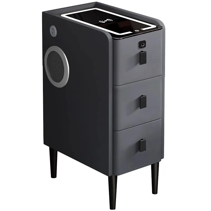 Intelligent Wooden Super Narrow Bedside Table with Wireless Charging Modern Faux Leather Nightstands Storage Cabinet with Lock