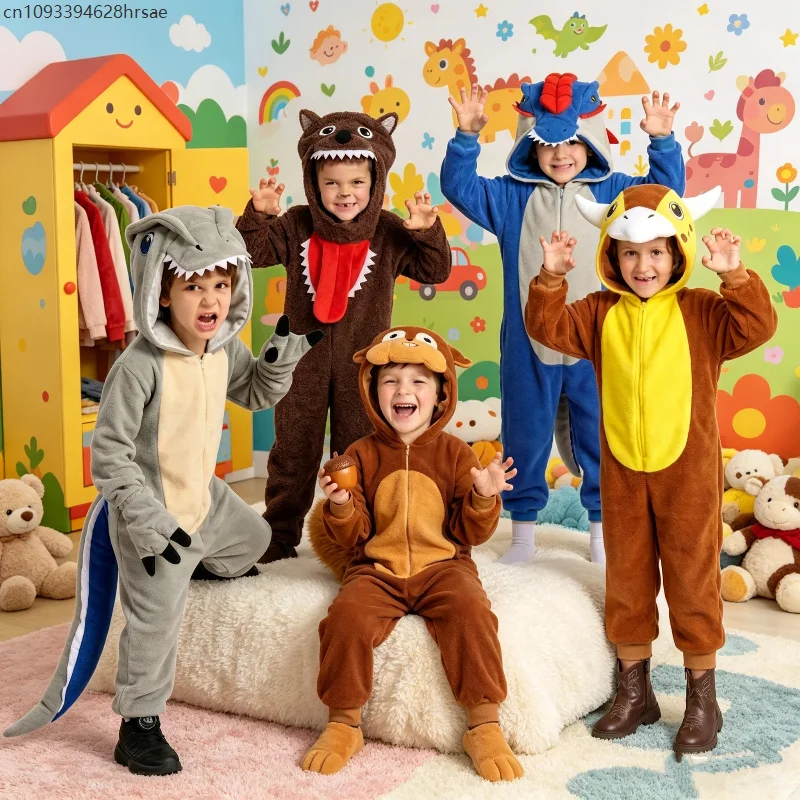 

Enfant Cartoon Dinosaur Pajamas Animal Theme Party Mädchen Junge Wolf Outfits School Stage Performance Squirrel Cosplay Costumes