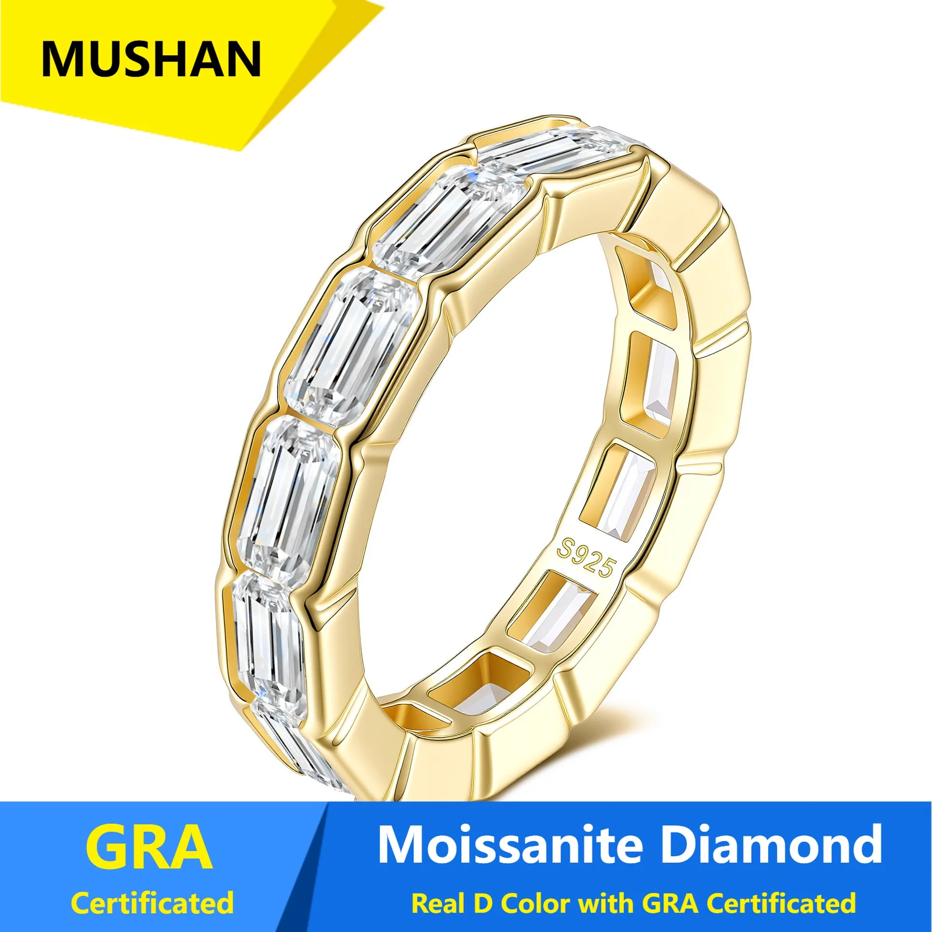 MUSHAN Luxury Jewelry 925 Sterling Silver Ring Band Women GRA Certificated Moissanite Diamond Emerald D Color Rings Fine Jewelry