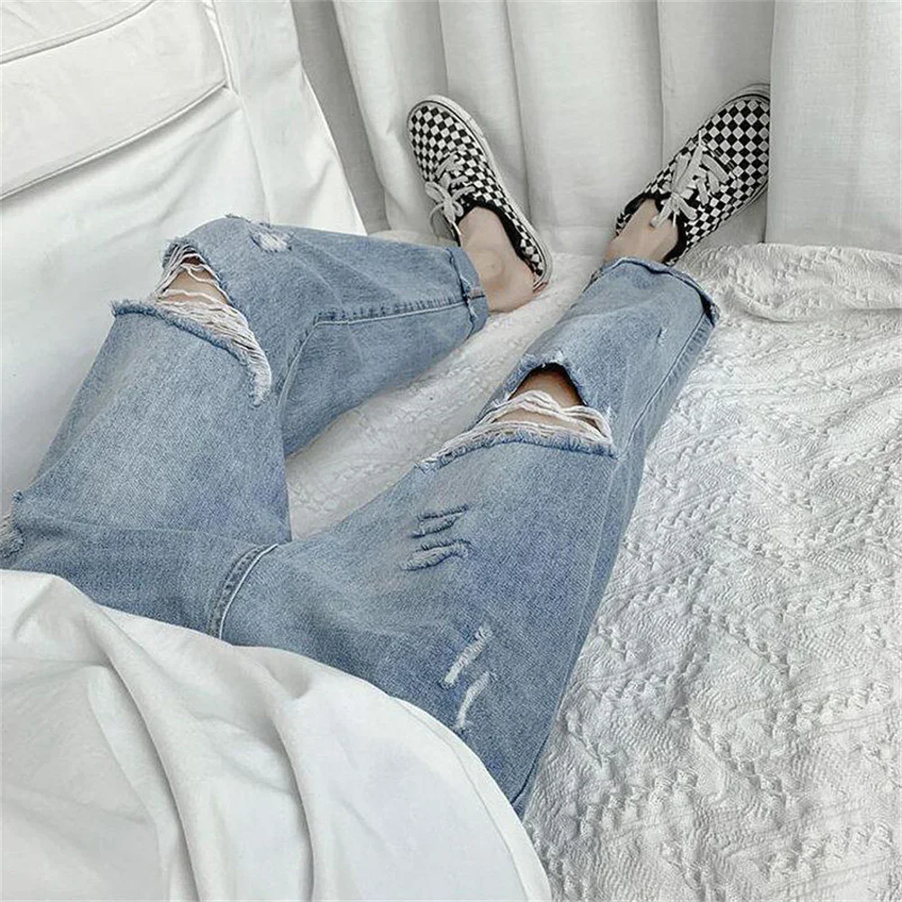 Summer Slim Fit Jeans for Mens Streetwear Korean Designer Regular Distressed Denim Slim Homme Pants Hip Hop Hole Jeans Trousers