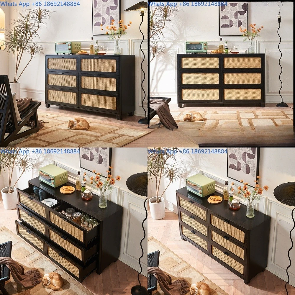 

Wax wood rattan cabinet French style simple black bedroom six drawer storage chest for small home use solid wood furniture