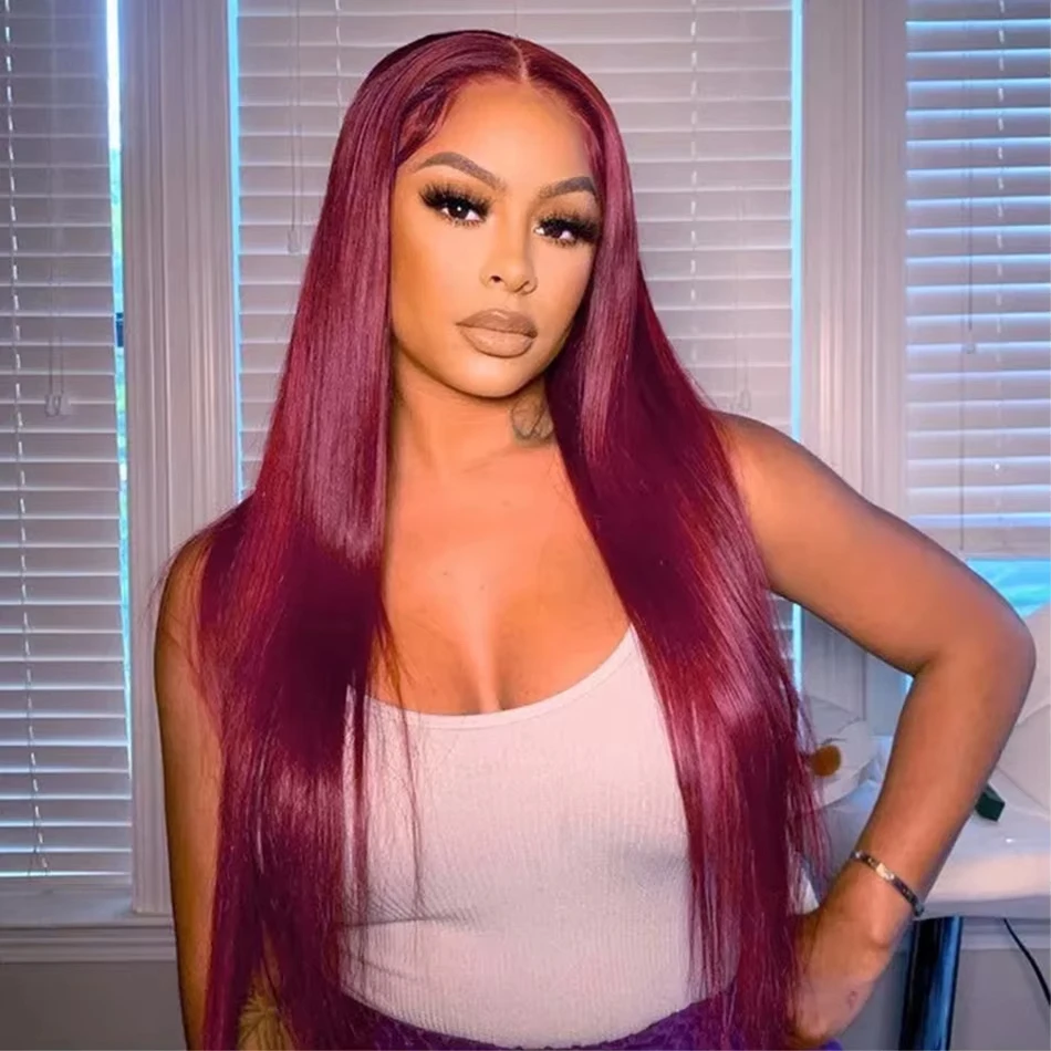 32 Inch 99J Burgundy Straight 13x6 Lace Front Wigs Red Colored 13x4 HD Transparent Lace Frontal Wig Brazilian Remy Human Hair