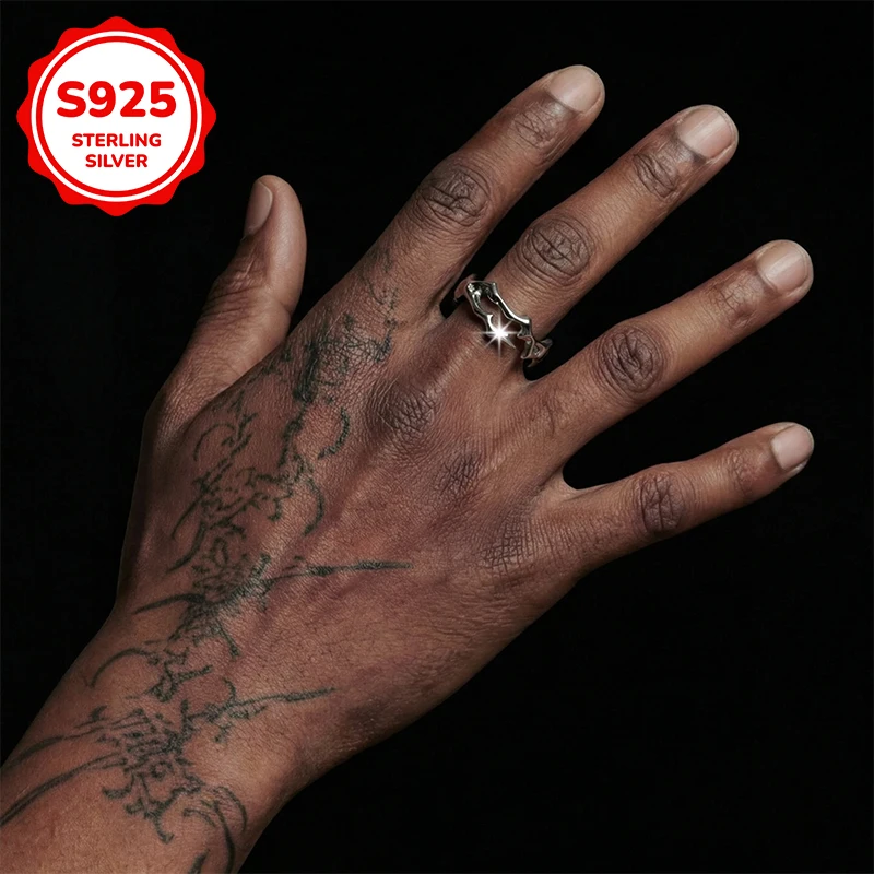 

925 sterling silver retro and fashionable irregular wavy rattan men's open ring is a perfect gift for men's birthdays