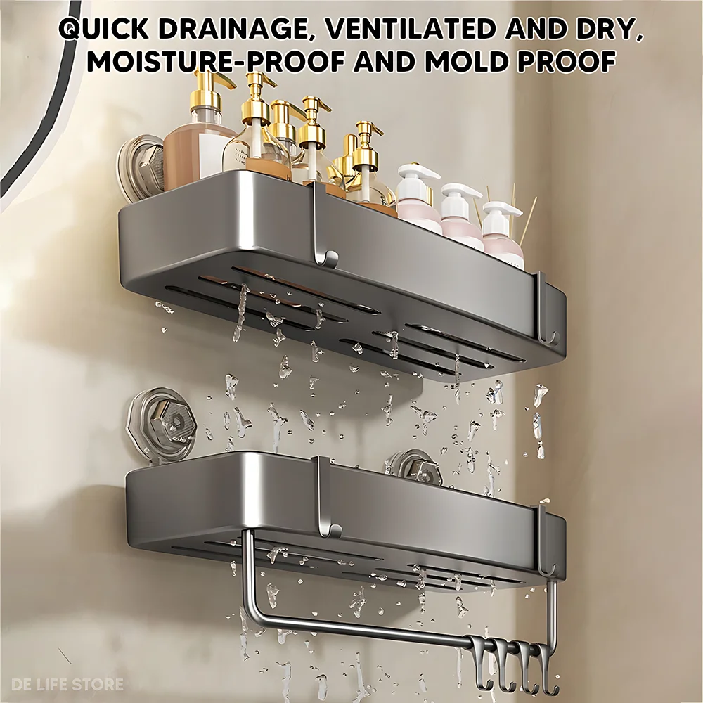 Bathroom Shelf With Suction Cup Aluminum Corner Shelf Without Drilling Wall-Mounted Gray Bathroom Organizer Bathroom Accessories