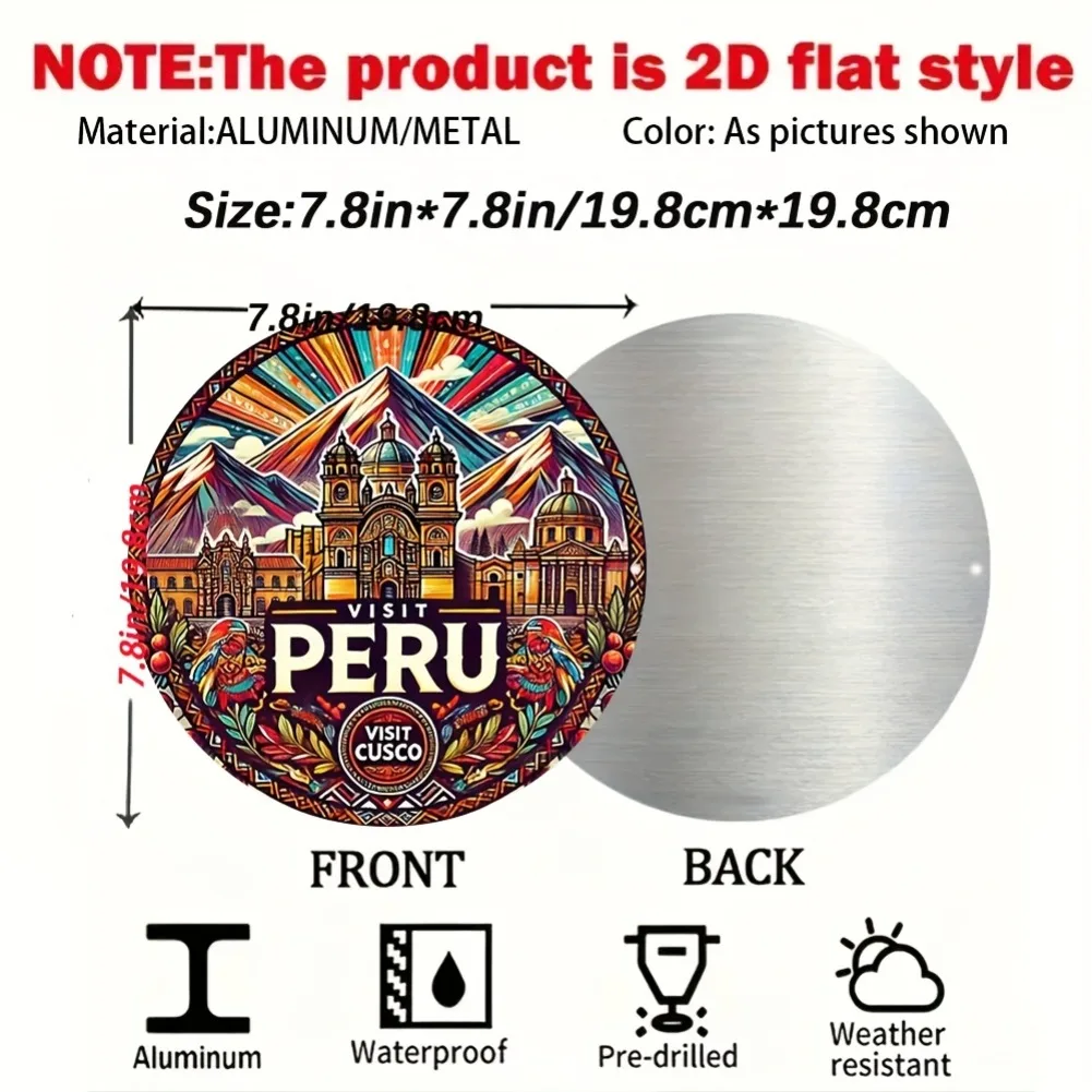 2D Flat, Peru Cusco City Metal Wall Art- 7.8'' Round Andean Cultural Decoration with Machu Picchu & Inca Temple of the Sun