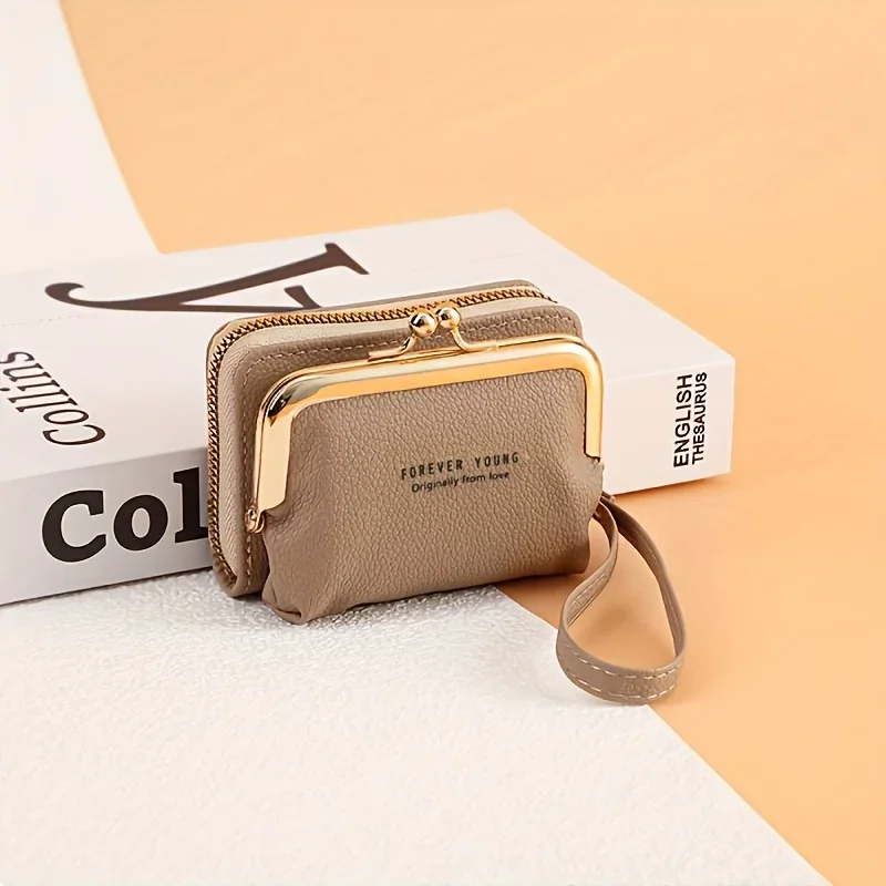 Cartera elegante para mujer con correa para la muñeca y cierre de botón Kiss, herrajes en tono dorado, bolsillo con cremallera y tarjetero, cartera para mujer