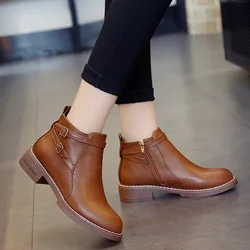 New Fashion European Style Black Ankle Boots Flats Round Toe Back Zip Boots PU Leather Woman Shoes With fhu