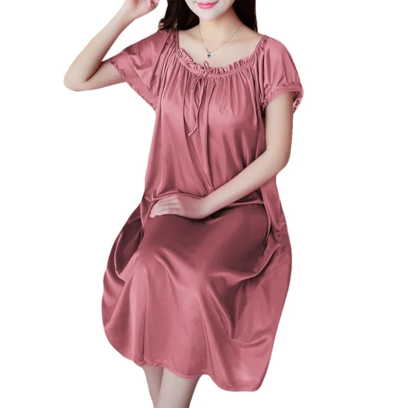 Womens Summer Lace Ice Silk Nightdress Short Sleeve Loose Nightgown XL
