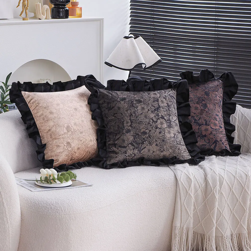 18x18 Inch Dutch Velvet Floral Throw Pillow Cover with Ruffles - Elegant Black Decorative Cushion Case for Sofa, Bedroom, Office