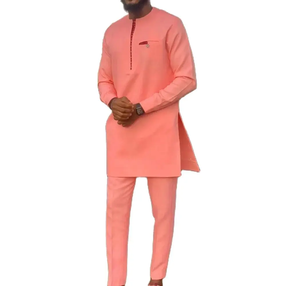 2024 Kaftan Elegant African Style Men\'s Suit Pink Long Sleeve Simple Shirt and Casual Pants 2 Piece Set Wedding Men\'s Costumes