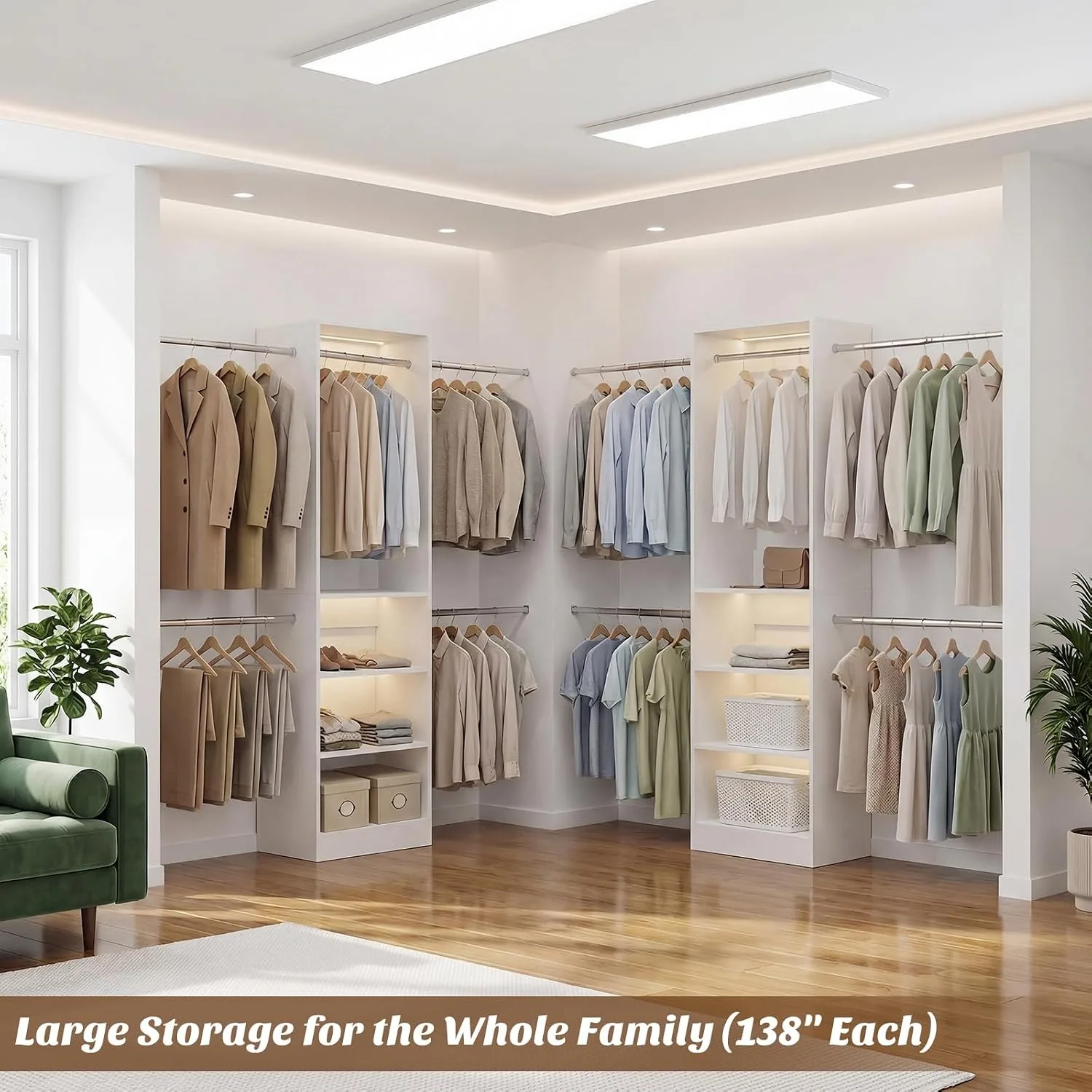 12FT Large Open Closet System, 138'' Wall-Mounted Closet Shelving with 5 Hanging Rods and 6 Shelves, Customized