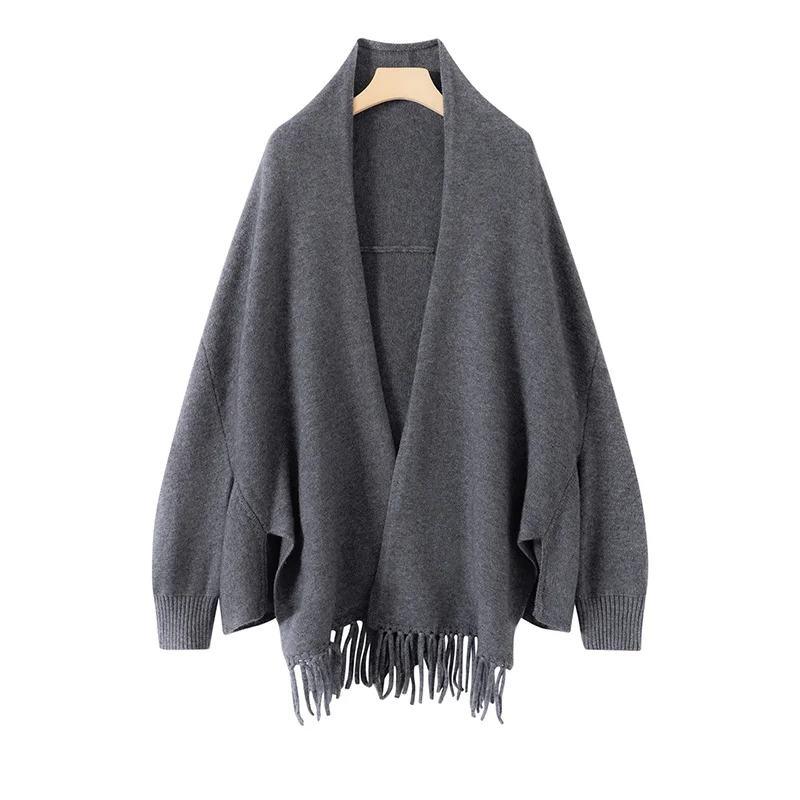100% Pure Cashmere Shawl Women'S Cardigan Outerwear For Autumn And Winter Warm Shoulder Wrap Fringed Cape Knitted Outerwear