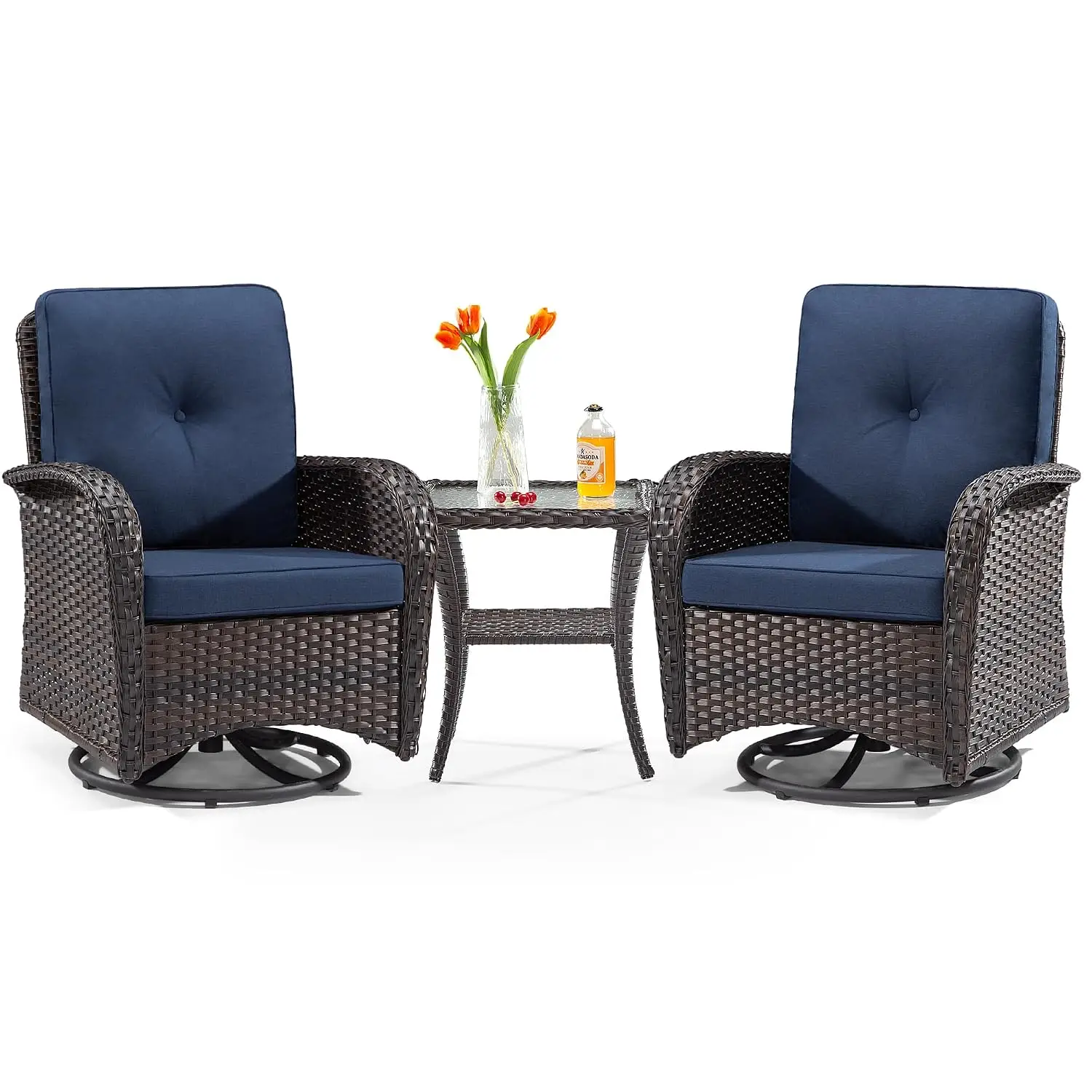 Outdoor Swivel Glider Wicker Chair Set 3 Piece with Side Table for Porch Deck Patio, Customized
