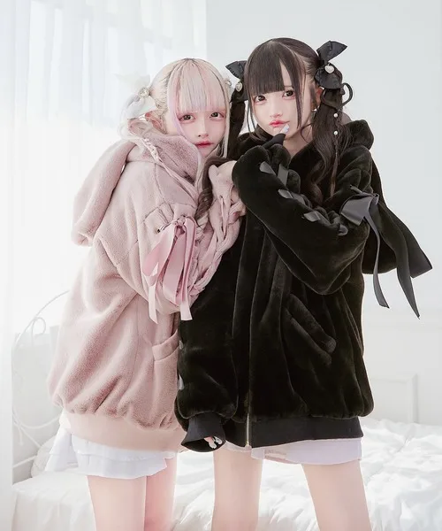 Japanese Style Sweet Cute Furry Warm Jacket Coat Lace-up Long Sleeve Rabbit Ears Hooded Zipper Thick Sweatshirt For Women Winter