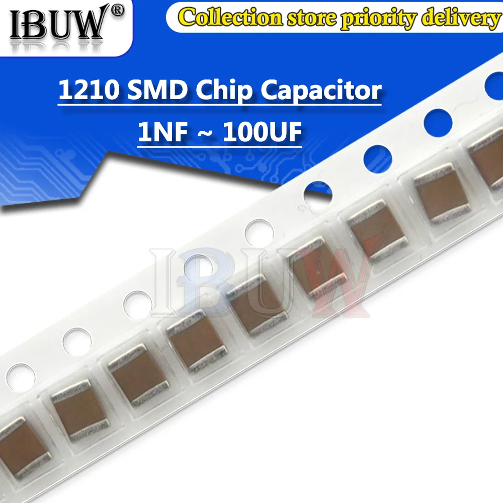 Condensador de Chip SMD, 50 piezas, 1210, 1nF, 4.7nF, 100nF, 470nF, 680nF, 0,1 uF, 1uF, 2,2 uF, 4,7 uF, 10uF, 22uF, 47uF, 100uF, 10V, 16V, 25V, 50V,