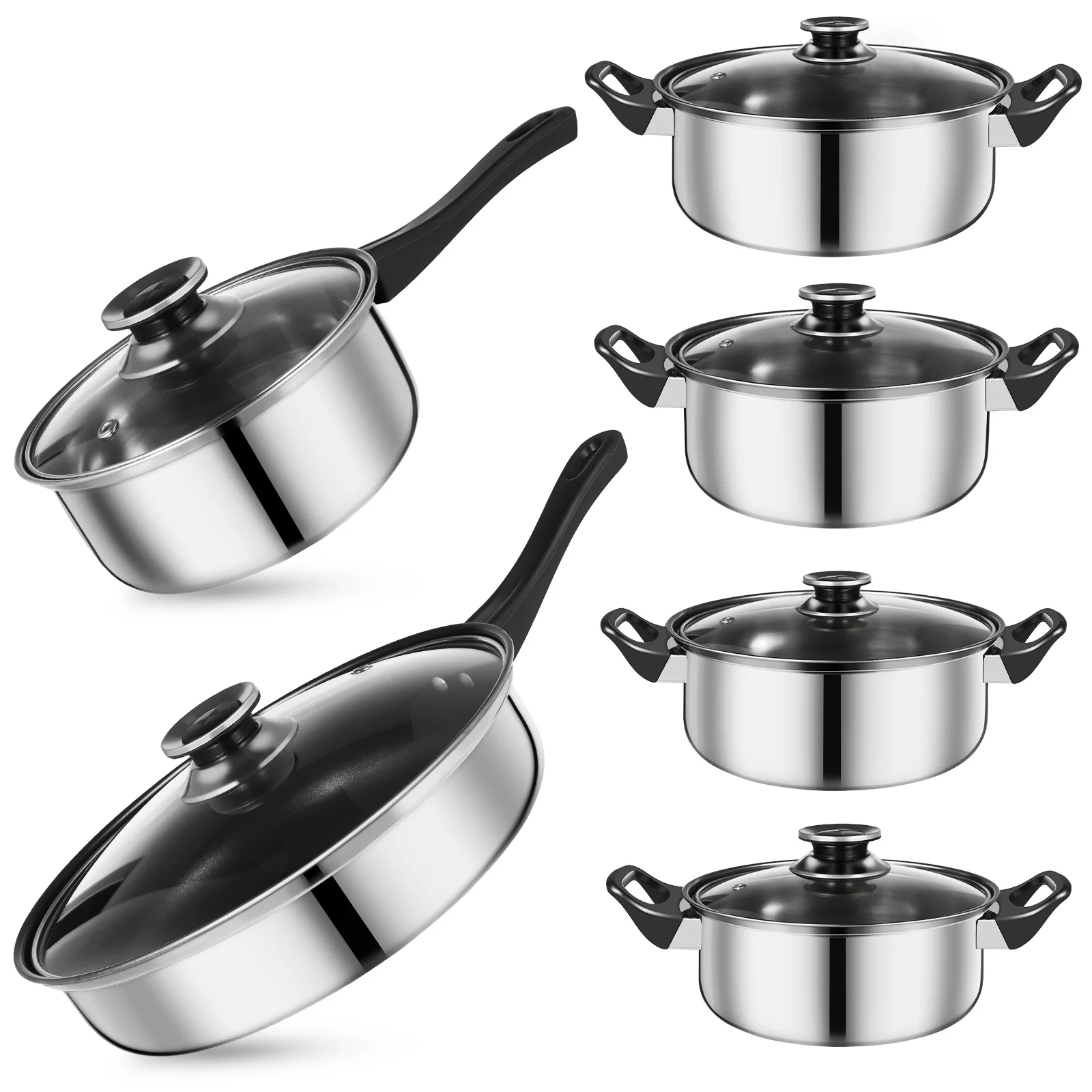 12 Pcs Black Handle Pot Set Soup Green Pan Stainless Steel Nonstick Frying Cookware Saucepan