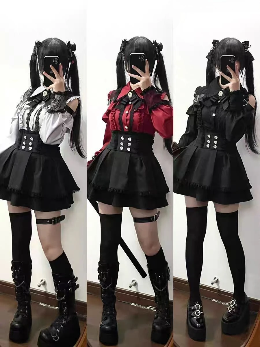 

Комплект из двух предметов Kawaii Lace Lolita, блузка с длинным рукавом и юбка JSK с бантом на спине, японская милая мода Y2K для женщин и подростков
