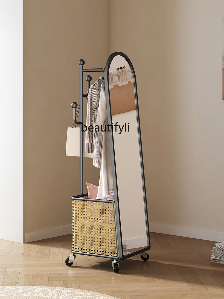 Floor Full-Length Mirror Coat Rack Integrated Clothes Rack Movable Bedroom Black with Wheels