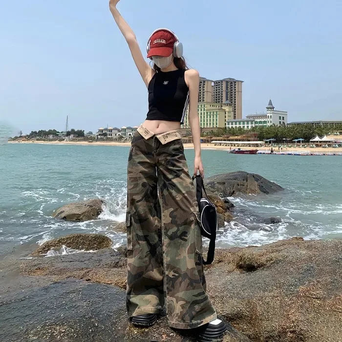 

Широкие брюки, высокие женские весенние двухслойные допаминовые брюки в стиле милитари с эластичной резинкой на талии, технологичная одежда без манжет для верховой езды