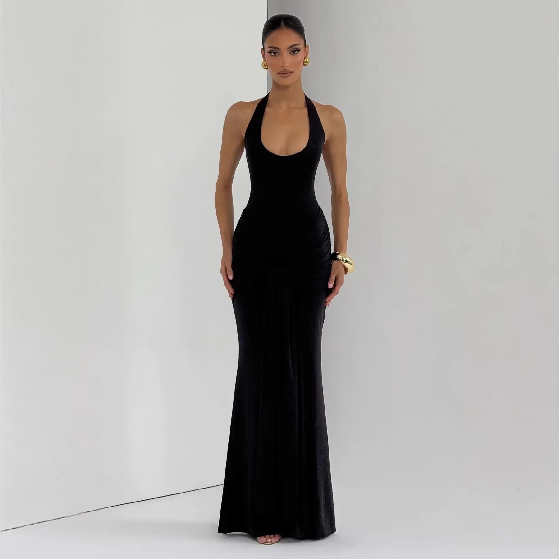 Women's Elegant Wedding Guest Dress: Sleeveless U Neck High Waist Wrap Long Solid Color Knit Cut Out Pullover Prom Party Dress