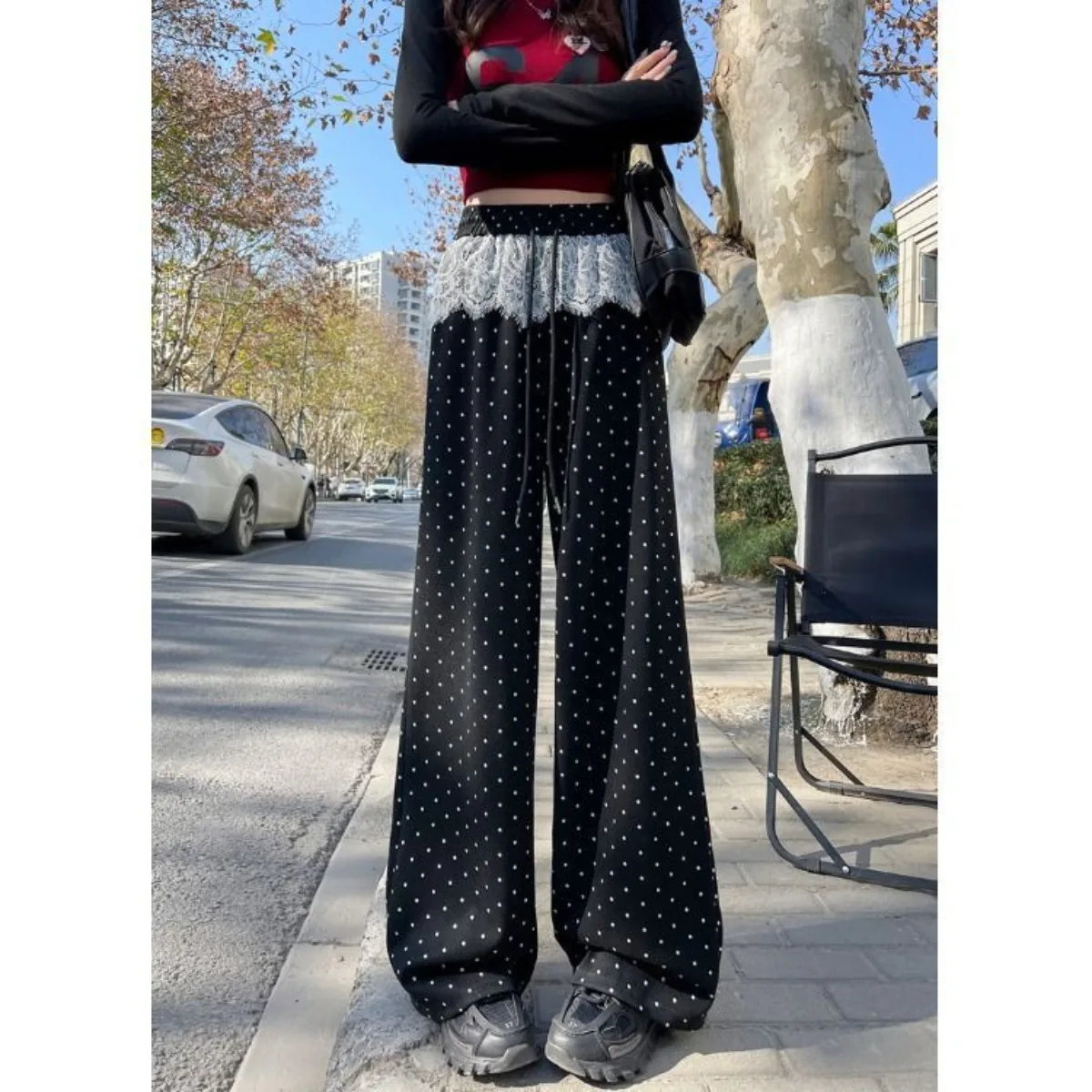 Luźne, cienkie spodnie damskie w grochy ze sznurkiem, koronką i kwiatami, proste, basic, w stylu Y2k, na co dzień i na wakacje.