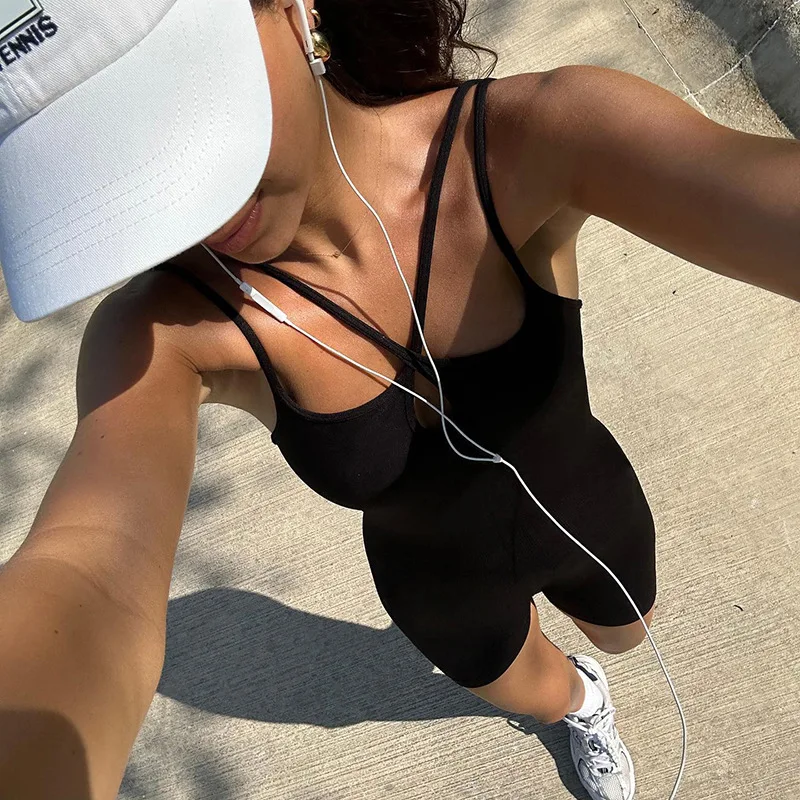 Women Solid Color Cami Playsuits Spaghetti Strap Sleeveless Short Jumpsuits Summer Cross Backless Bodycon Rompers